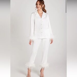 NADINE MERABI White Satin Feather-Trim Pajama Set